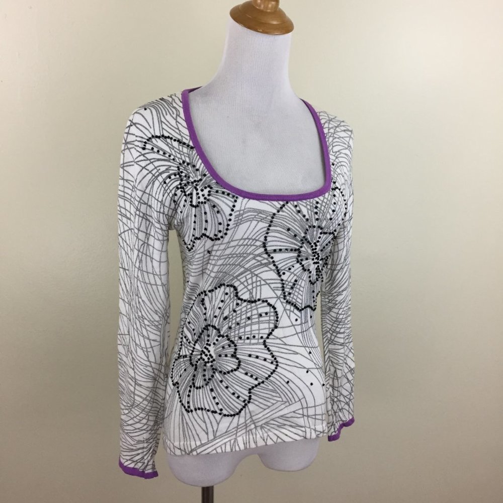 BCBGMAXAZRIA White Black Beads Floral Print Purple Trim Silk Blend Sweater - Picture 4 of 15